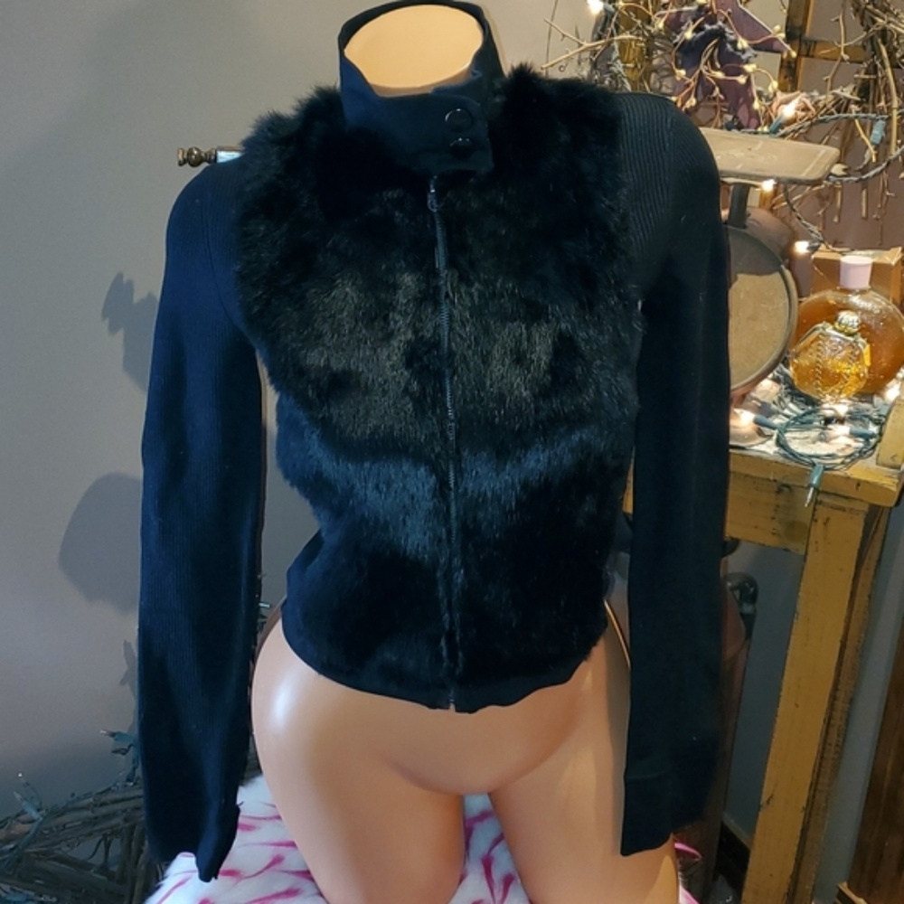 Bebe rabbit fur 100% leather sweater jacket S EUC